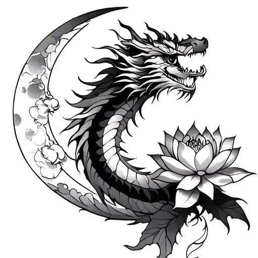 American dragon with lotus flower and moon tattoo design idea