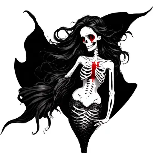 half skeleton half human mermaid with bloody eyes tattoo design idea