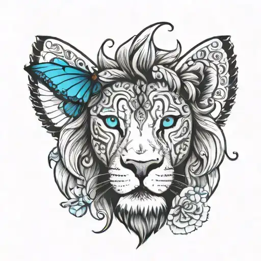 black and white small lion with blue eyes and a blue butterful tattoo design idea