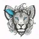 black and white small lion with blue eyes and a blue butterful tattoo design idea
