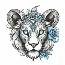 black and white small lion with blue eyes and a blue butterful tattoo design idea