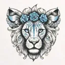 black and white small lion with blue eyes and a blue butterful tattoo design idea