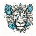 black and white small lion with blue eyes and a blue butterful tattoo design idea