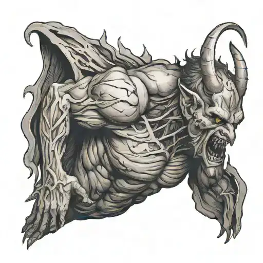 full body muscular figure of a demon crying and suffering side view  tattoo design idea