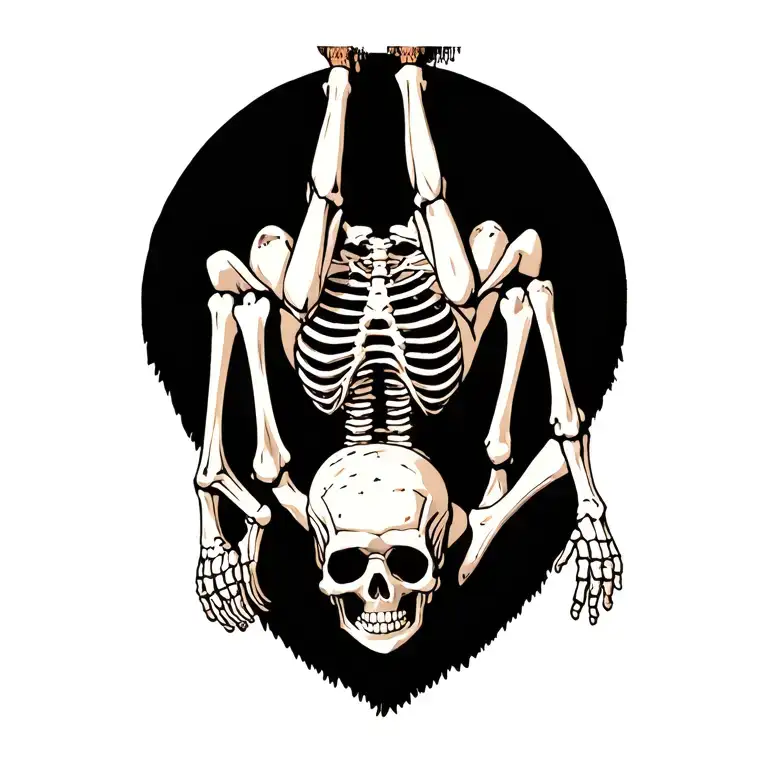 bored skeleton hanging upside down from a carpet bea tattoo design idea
