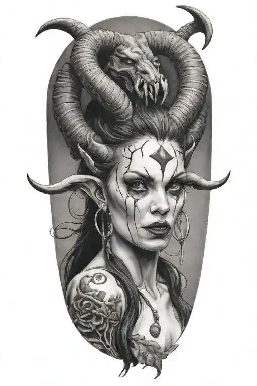 lilith with demon horns tattoo design idea