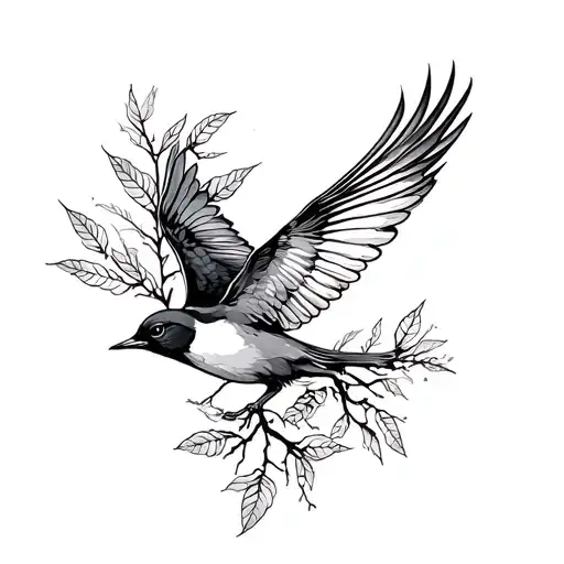 bird flying, leaves and roots tattoo design idea