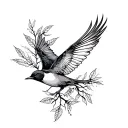 bird flying, leaves and roots tattoo design idea