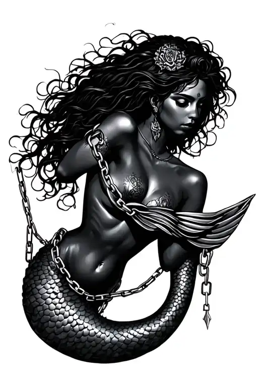 black mermaid with slave chains wrapped tattoo design idea