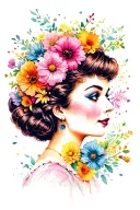 side profile 1950s female face with yarn exploding from top of head surrounded by flowers. lots of color tattoo design idea