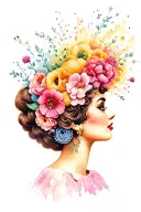 side profile 1950s female face with yarn exploding from top of head surrounded by flowers. lots of color tattoo design idea