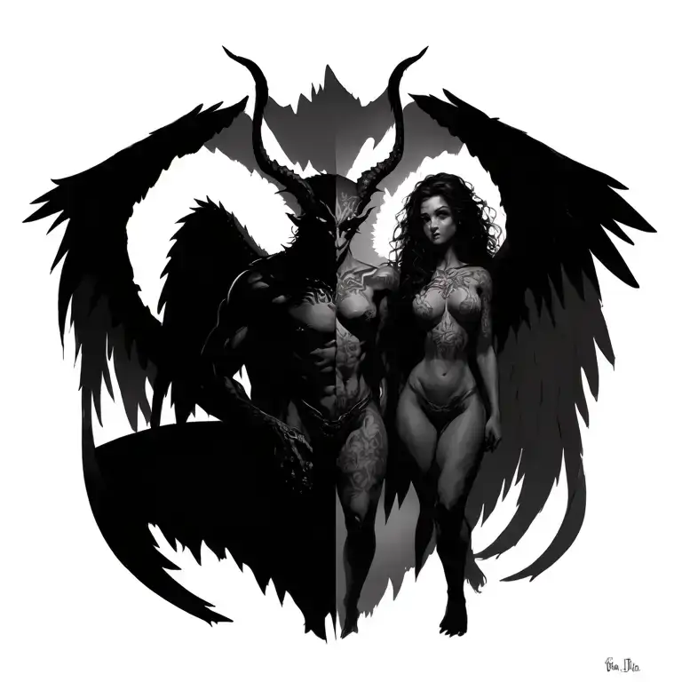 Half male demon Half female angel full body and legs tattoo design idea