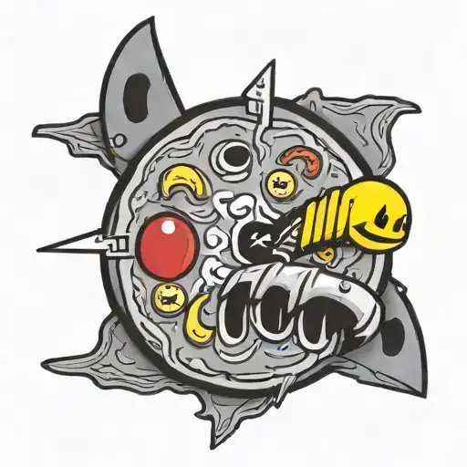 pacman logo as a pizza with 911 under tattoo design idea