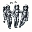 Small tattoo with three Little girl Astronauts holding hands and floating together with name DAGZER tattoo design idea