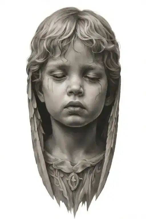 a crying angel is a child made of stone with a fiery sword, many gray shades, soft shadows, smooth transitions tattoo design idea