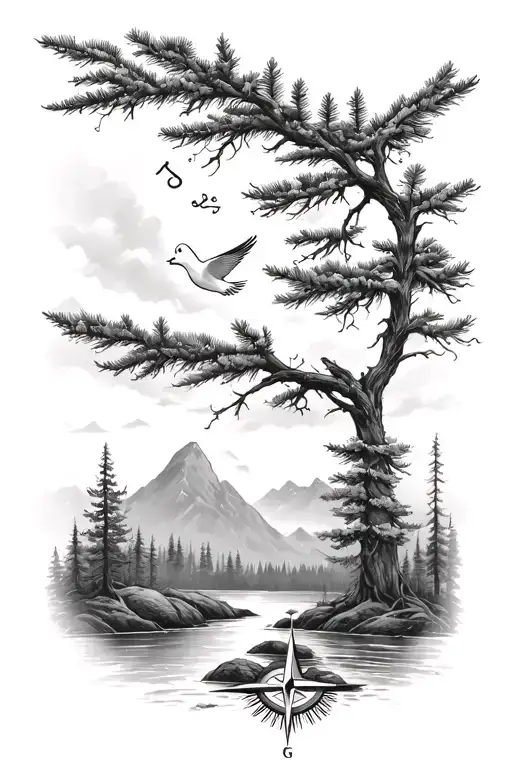 pine tree forest with stream and mountains with compass and dove tattoo design idea