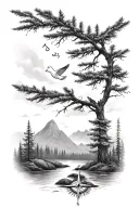pine tree forest with stream and mountains with compass and dove tattoo design idea