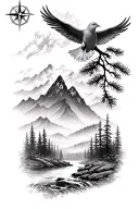 pine tree forest with stream and mountains with compass and dove tattoo design idea