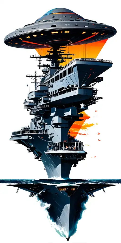 triangle ufo hovering over the USS Theodore Roosevelt aircraft carrier tattoo design idea