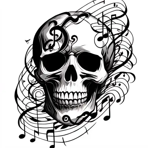 A black skull with musical notes swirling around it, symbolizing the musician's love for music and the darker aspects of life tattoo design idea