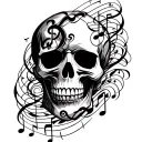 A black skull with musical notes swirling around it, symbolizing the musician's love for music and the darker aspects of life tattoo design idea