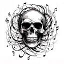 A black skull with musical notes swirling around it, symbolizing the musician's love for music and the darker aspects of life tattoo design idea