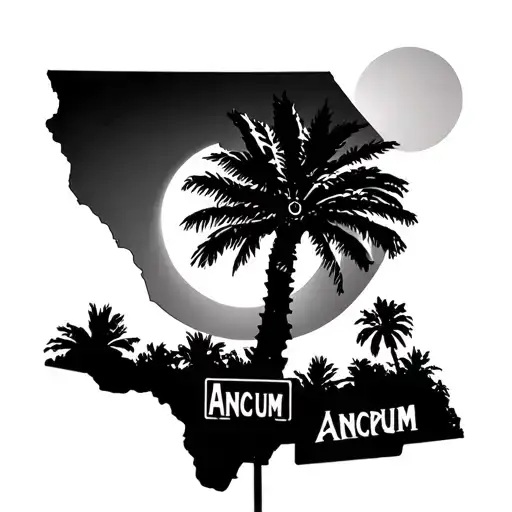 Palm tree + crescent moon inside the outline of South Carolina. with a street sign that say Ancrum tattoo design idea