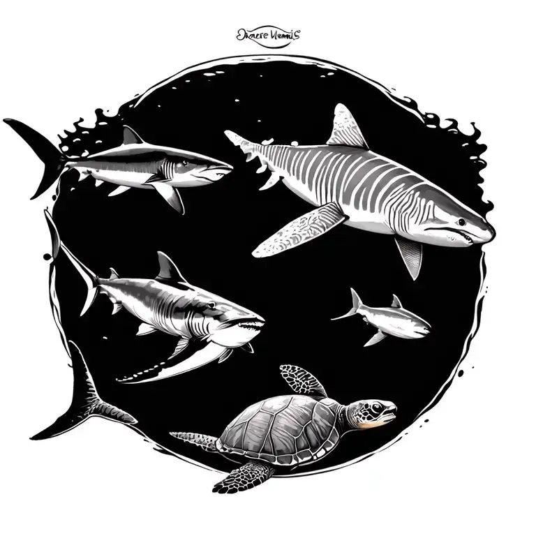 marine animals half swimming with a mallena shark, a zebra shark, a marine manta, and a sea turtle in detail tattoo design idea