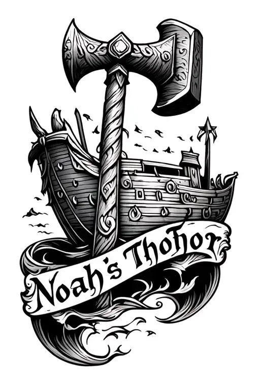 Noahs Thor in bold cursive, with Noahs ark and Thor's hammer in background tattoo design idea
