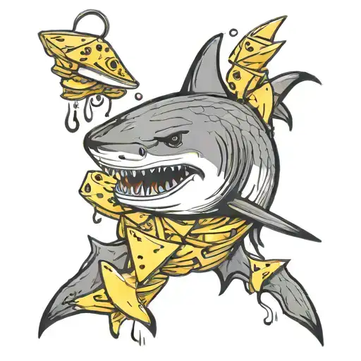 down syndrome shark surrounded by grilled cheese sandwiches on fishing hooks. tattoo design idea