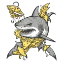 down syndrome shark surrounded by grilled cheese sandwiches on fishing hooks. tattoo design idea