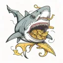 down syndrome shark surrounded by grilled cheese sandwiches on fishing hooks. tattoo design idea