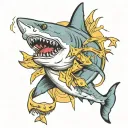 down syndrome shark surrounded by grilled cheese sandwiches on fishing hooks. tattoo design idea