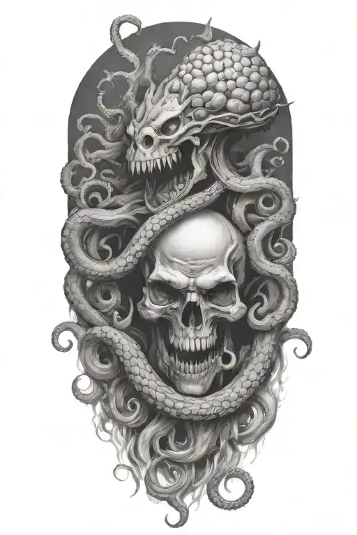 Create a detailed black-grey tattoo of a kraken engulfing a skull with tentacles tattoo design idea
