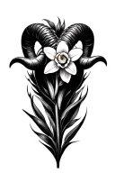 v, aries sign, ram horn, daffodil bud bursting tattoo design idea