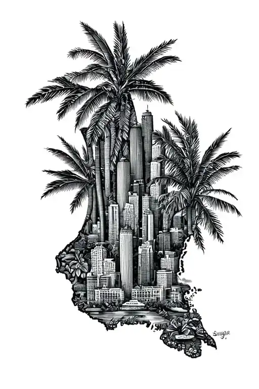 Guadeloupe map, big city, sugar cane tattoo design idea