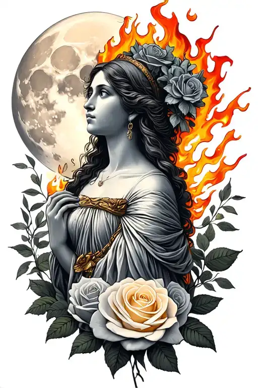 Greek Goddess hestia with fire and the moon and roses, minimalist tattoo design idea