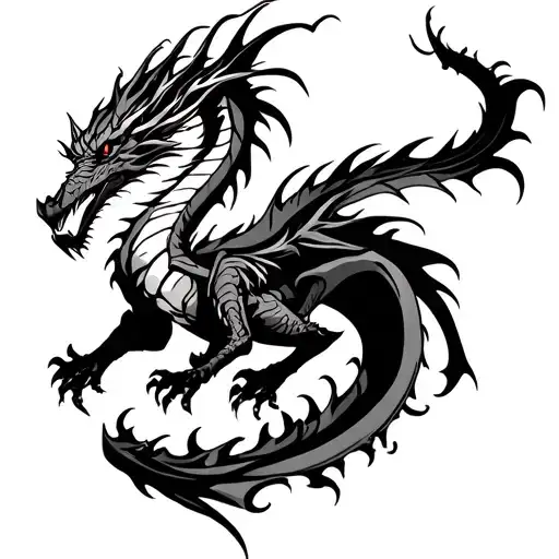 creates a stencil -style tattooge, in black and white with very fine lines, of a dragon of dark fury with introno al tattoo design idea