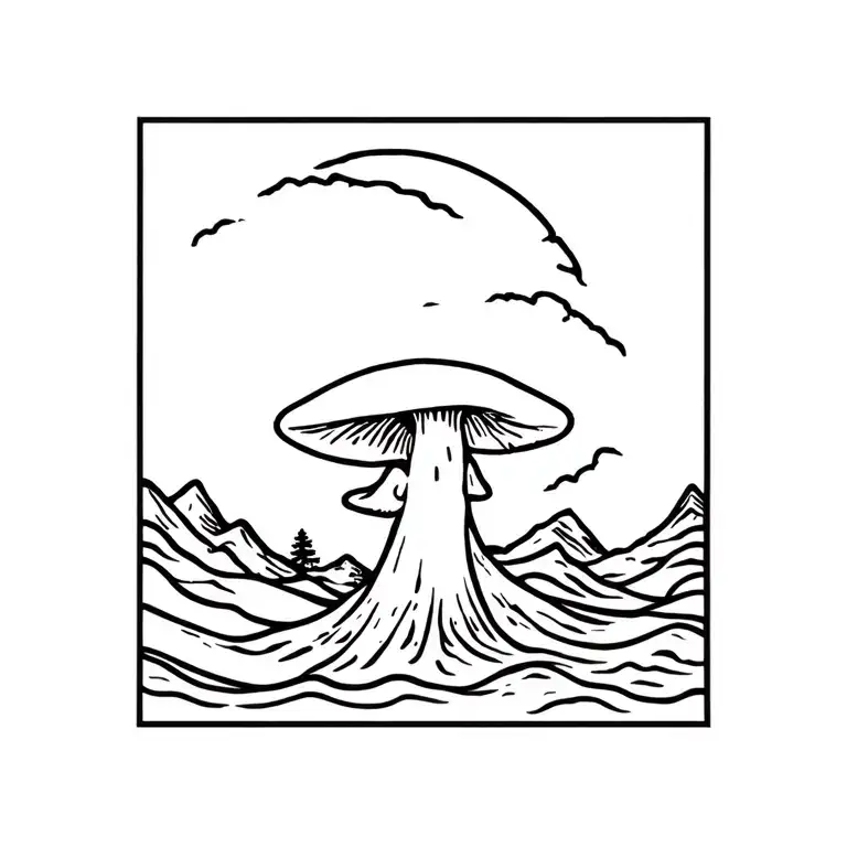 mushroom made from Florida beach waves and California sequoias mountains tattoo design idea