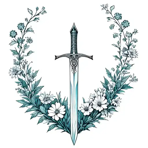 fenime Sabre sword surrounded in Alaskan flowers growing tattoo design idea