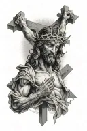 Shoulder to elbow. Jesus on the cross that is also a picture of God. Angles in heaven above the cross and demons in hell tattoo design idea