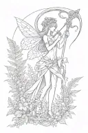 tiny fairy's holding a scythe and animal bones and ferns tattoo design idea