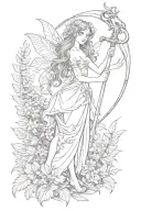 tiny fairy's holding a scythe and animal bones and ferns tattoo design idea
