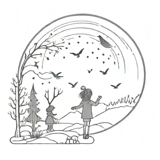 A tattoo design featuring two daughters playing in a winter woodland setting under a night sky filled with aurora borealis, surrounded by birds and nature elements tattoo design idea