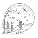 A tattoo design featuring two daughters playing in a winter woodland setting under a night sky filled with aurora borealis, surrounded by birds and nature elements tattoo design idea