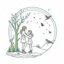 A tattoo design featuring two daughters playing in a winter woodland setting under a night sky filled with aurora borealis, surrounded by birds and nature elements tattoo design idea