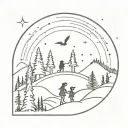 A tattoo design featuring two daughters playing in a winter woodland setting under a night sky filled with aurora borealis, surrounded by birds and nature elements tattoo design idea