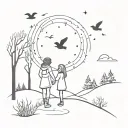 A tattoo design featuring two daughters playing in a winter woodland setting under a night sky filled with aurora borealis, surrounded by birds and nature elements tattoo design idea