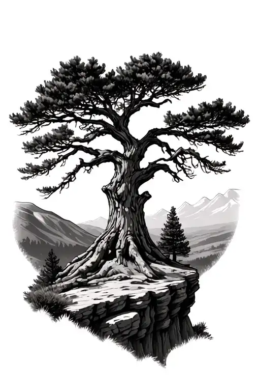 bristlecone pine on a cliff edge overlooking tattoo design idea