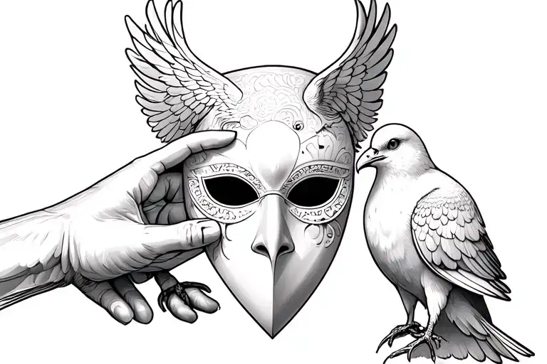 draw a vulchar holiding a doves mask over its face with its hand tattoo design idea